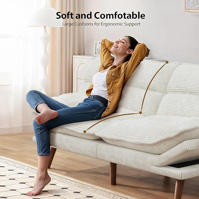 Pipishell Futon Sofa Bed, Convertible Futon Adjustable Backrest & Armrests, Corduroy Sleeper Couch for Small Spaces, Living Room, Office, Guest Room (Pearl White, 66 Inch)