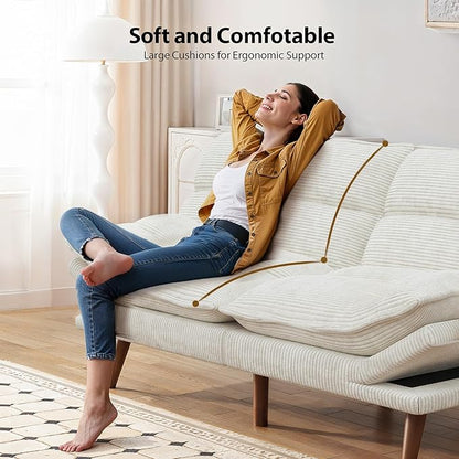 Pipishell Futon Sofa Bed, Convertible Futon Adjustable Backrest & Armrests, Corduroy Sleeper Couch for Small Spaces, Living Room, Office, Guest Room (Pearl White, 66 Inch)