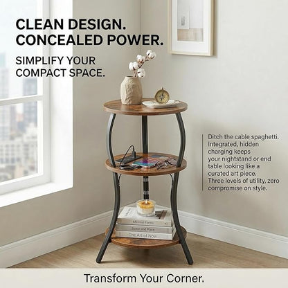 Small Round Side Table with Charging Station, 3-Tier Waist Circular End Table with Storage Shelf, Compact Tea Sofa Side Table Small Spaces, Round Corner Coffee Table for Living Room Bedroon,Brown