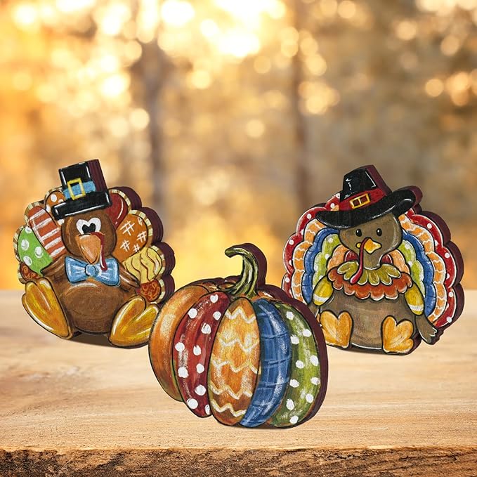 Smile 3 Pcs Wooden Blocks Pumpkin Turkey Signs, Thanksgiving Decor Indoor, Table Tiered Tray Kitchen Decorations