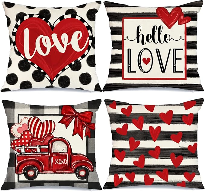 GEEORY Buffalo Plaid Valentines Pillow Covers 16x16 Set of 4 Polka dot Stripes Love Heart Truck Valentine Pillows Decorative Throw Pillows Valentines Day Decor for Sofa Couch Home Decorations G175-16