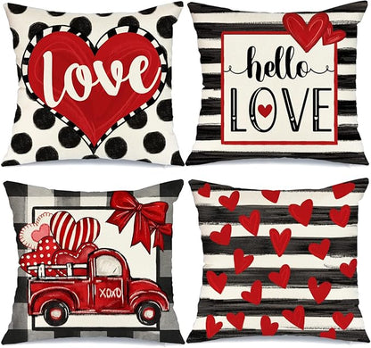 GEEORY Buffalo Plaid Valentines Pillow Covers 16x16 Set of 4 Polka dot Stripes Love Heart Truck Valentine Pillows Decorative Throw Pillows Valentines Day Decor for Sofa Couch Home Decorations G175-16