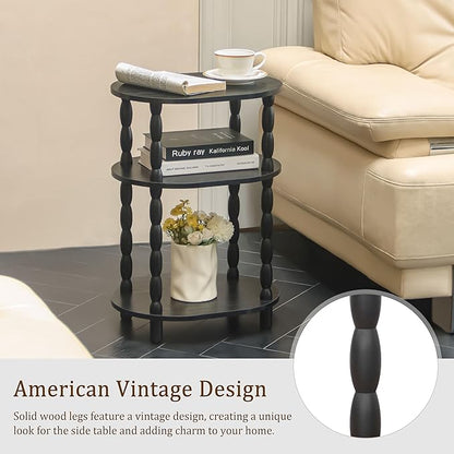 MaxSmeo Black Side Table with Charging Station, 3-Tier Small Oval End Table with USB Ports and Outlet, Modern Night Stand Wood Accent Table for Living Room, Bedroom, Black