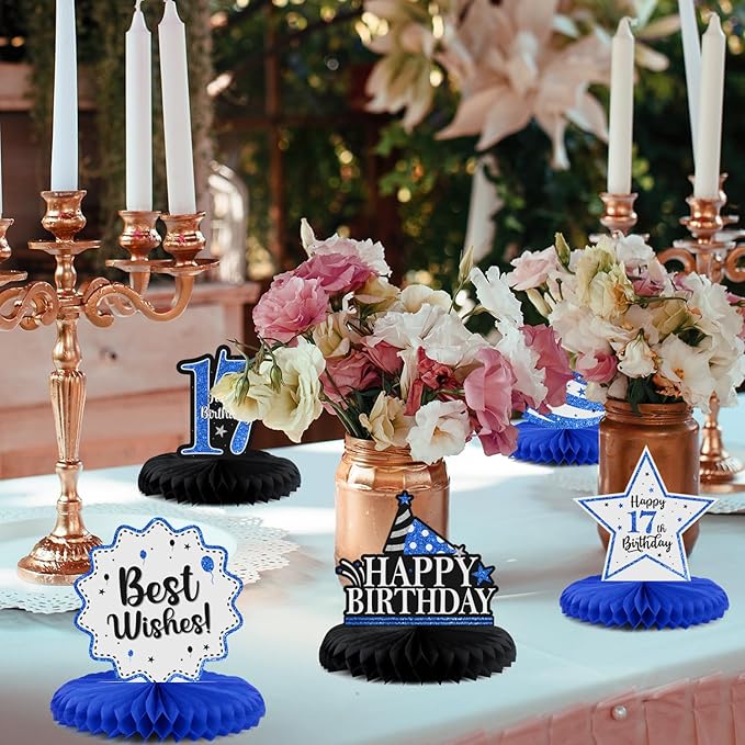 Happy 17th Birthday Decorations,17th Birthday Blue Glitter Shiny Stand Honeycomb Table Centerpieces - Cheers to Seventeen Years Old Birthday Party Photoprop Gift Sign.