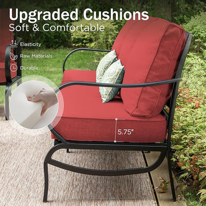 PHI VILLA 8 PCS Patio Furniture Set with Fire Pit Table,Metal Outdoor Furniture with 1 x 3-Seat Bench Sofa, 2 x Swivel Sofa Chairs, 2 x Leg Chair & 2 x Ottoman, Modern Patio Set, Red