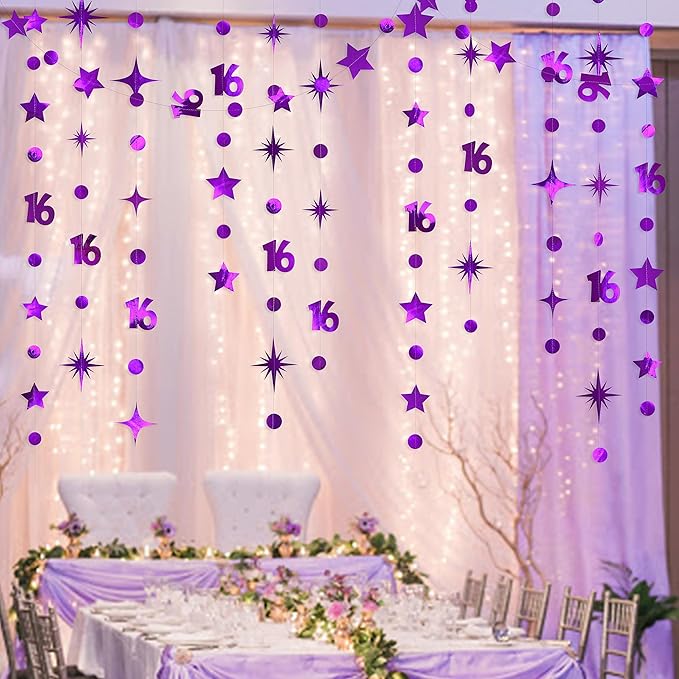 Purple Number 16 Circle Dot Twinkle Star Garland Kit Metallic Hanging Streamer Bunting Banner Backdrop Decorations for Girls Boys 16th Birthday Sweet Sixteen Wedding Anniversary Bridal Shower Party