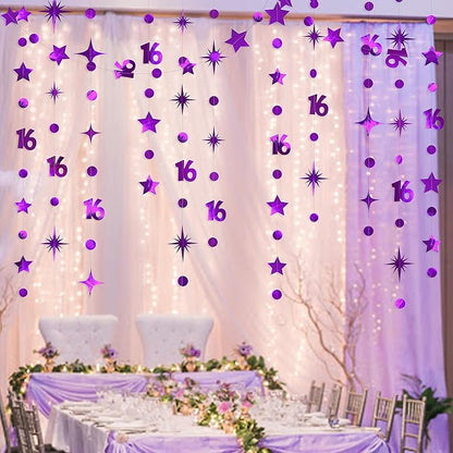 Purple Number 16 Circle Dot Twinkle Star Garland Kit Metallic Hanging Streamer Bunting Banner Backdrop Decorations for Girls Boys 16th Birthday Sweet Sixteen Wedding Anniversary Bridal Shower Party
