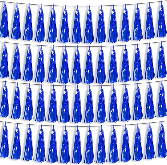 4P Blue Foil Fringe Metallic Tassel Streamers Banner Tassel Garland for Parade Floats, Bachelorette, Wedding, Birthday, Halloween, Christmas, Bridal/Baby Shower Party Decorations
