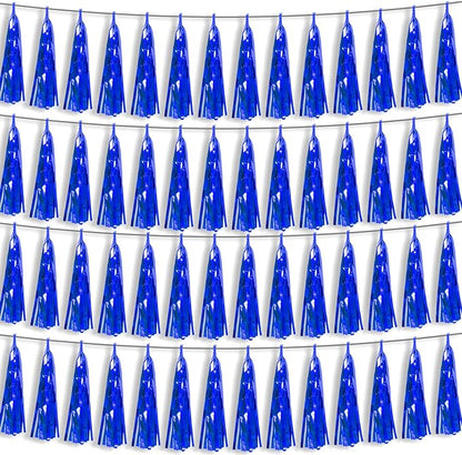 4P Blue Foil Fringe Metallic Tassel Streamers Banner Tassel Garland for Parade Floats, Bachelorette, Wedding, Birthday, Halloween, Christmas, Bridal/Baby Shower Party Decorations