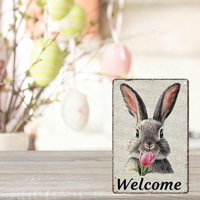 Easter Bunny Tin Sign Retro Tulips - Fun and Metal Sign for Homes Bedrooms Gardens Hallways Parties Spring Decorations 8x12Inch