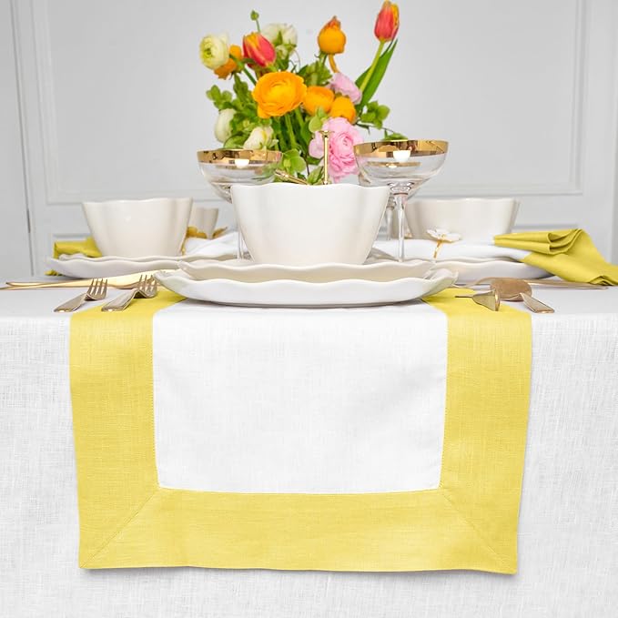 Solino Home Linen Table Runner 60 Inches - 100% Pure Linen Sunshine Yellow and White Table Runner 14 x 60 Inch Ideal for Dresser and Coffee Tables - Contempo
