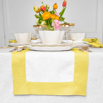 Solino Home Linen Table Runner 60 Inches - 100% Pure Linen Sunshine Yellow and White Table Runner 14 x 60 Inch Ideal for Dresser and Coffee Tables - Contempo