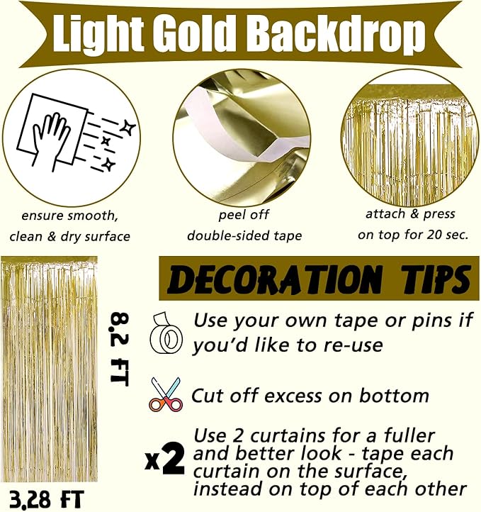 4 Pack Light Gold Fringe Curtain Backdrop, 3.2Ft x 8.2Ft Metallic Tinsel Foil Fringe Streamers Background for Photo Booth Birthday Wedding Baby Shower Carnival Easter Mother’s Day Party Decorations
