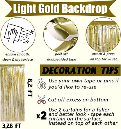 4 Pack Light Gold Fringe Curtain Backdrop, 3.2Ft x 8.2Ft Metallic Tinsel Foil Fringe Streamers Background for Photo Booth Birthday Wedding Baby Shower Carnival Easter Mother’s Day Party Decorations
