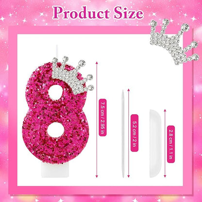 Hot Pink Birthday Candles Crown Number 8 Candle 8th Birthday Party Decorations Cake Topper Cupcake Decor for Anniversary Celebrations Supplies