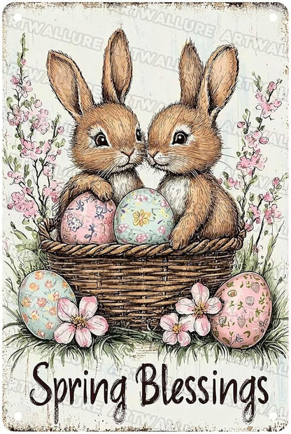 Easter Tin Sign Rabbit Spring Blessing Vintage Metal Sign Retro Easter Decor for Home Living Room Yard Garden Wall Decor 8x12Inch