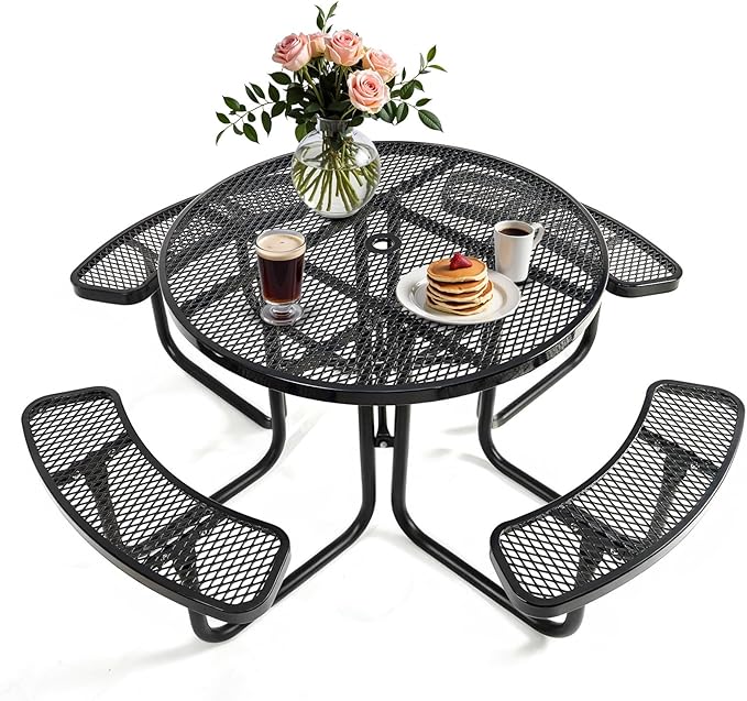 47'' Heavy-Duty Metal Picnic Tables with Umbrella Hole, Outdoor Steel Heavy Duty Commercial Grade Black Table, Outdoor Bench Set for Lawn, Patio, Park, Yard, Garden, Porch (Set A, Round)