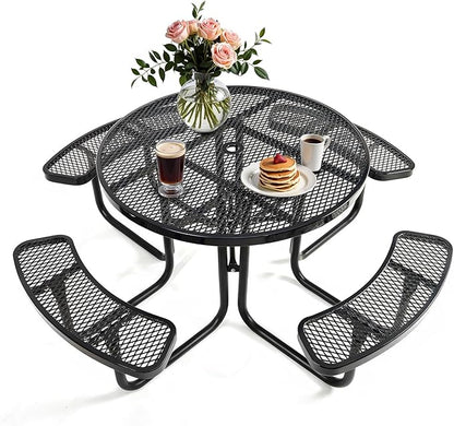 47'' Heavy-Duty Metal Picnic Tables with Umbrella Hole, Outdoor Steel Heavy Duty Commercial Grade Black Table, Outdoor Bench Set for Lawn, Patio, Park, Yard, Garden, Porch (Set A, Round)