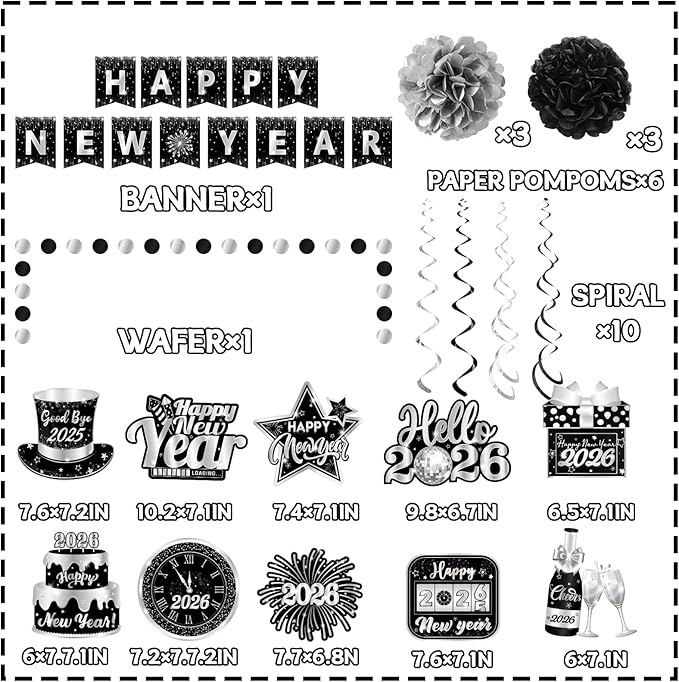 Happy New Year 2026 Silver and Black, NYE Party Supplies includes Happy New Years Banner Hanging Swirls and Silver Tissue Pom Poms, New Year Hanging Swirls for Indoor Outdoor Classroom Office