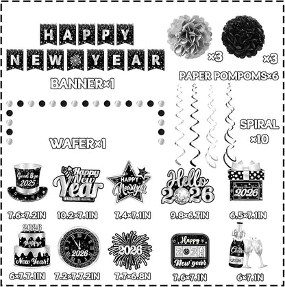 Happy New Year 2026 Silver and Black, NYE Party Supplies includes Happy New Years Banner Hanging Swirls and Silver Tissue Pom Poms, New Year Hanging Swirls for Indoor Outdoor Classroom Office