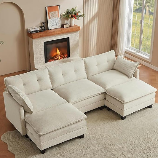Modular Sectional Sofa, 111.5" U-Shaped Corduroy Comfy Sectional Couches for Living Room, 3-Seater Cloud Couches with 2 Movable Ottomans, Flexible Combination Modern Deep Seat Sofa (Beige)