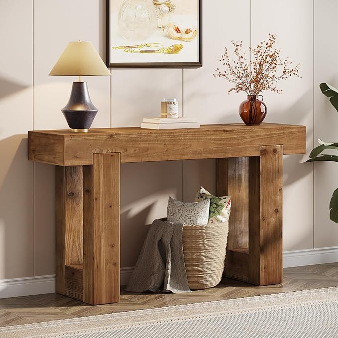 Tribesigns 55-Inch Long Console Table, Solid Wood Rectangular Sofa Table Behind The Couch, Farmhouse Entryway Table for Entrance, Hallway, Living Room (Solid Wood, Warm Brown)