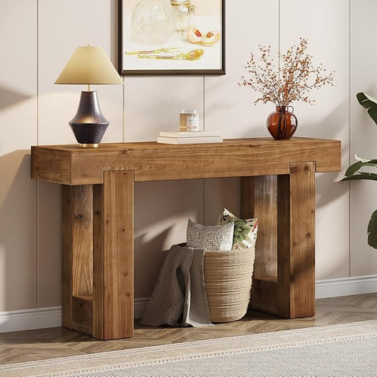 Tribesigns 55-Inch Long Console Table, Solid Wood Rectangular Sofa Table Behind The Couch, Farmhouse Entryway Table for Entrance, Hallway, Living Room (Solid Wood, Warm Brown)