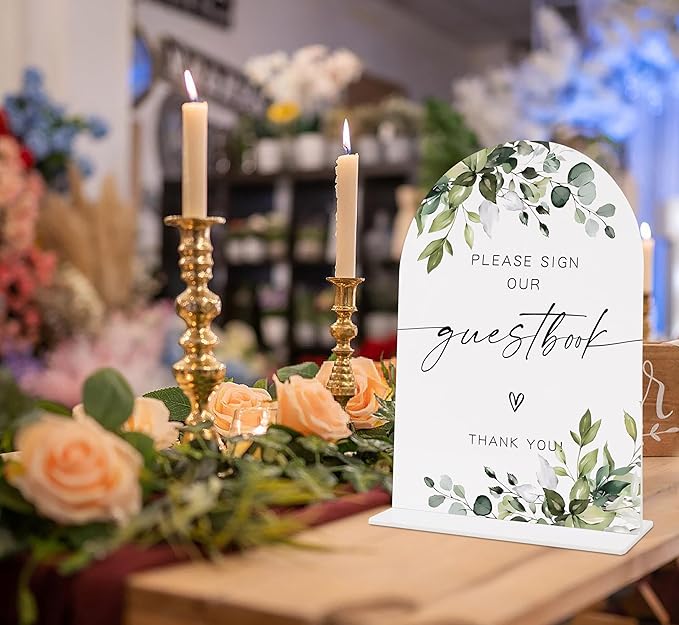 Wedding Signs for Reception, Green Leaves Please Sign Our Guestbook, Wedding Reception Signage, Bridal Shower Table Decorations with Base, Supplies for Proposal, Bridal Shower Events and Ceremony, 14