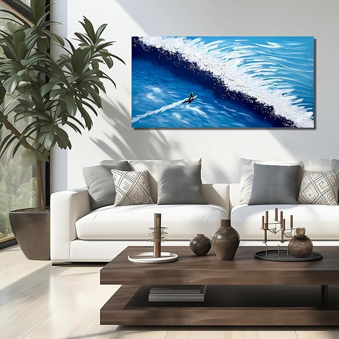 Blue Ocean Sea Wall Art for Dining Room Modern Painting Wall Art for Living Room Blue and White Wall Decor Teen Bedroom Size 24 x 47 Inch