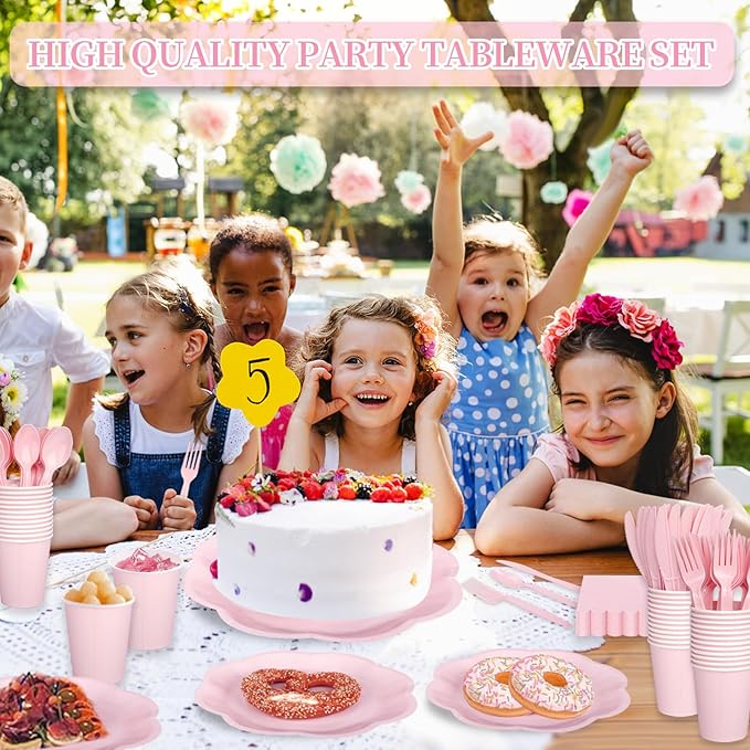 192 Pcs Pink Paper Plates And Napkins Set Party Supplies - For 24 Guests Paper Plates And Napkins Knives Spoons Forks Cups - For Baby Shower Bridal Shower Wedding