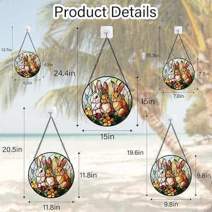 Stained Glass Window Hanging - 3 Cute Rabbits Suncatcher for Doors Garden Patio Bunny Sun Catchers Decor Christmas Mother's Day Birthday Teenager Gifts for Women Men Mom Nana Friend 15 in