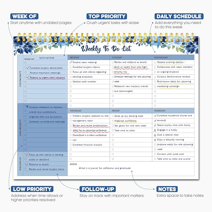 Taja Weekly To Do List Notepad with 52 Undated Sheets（8.5"×11"）- Weekly Desk Planner for Women & Man, Work and Home - 1 Pack Azure Bloom