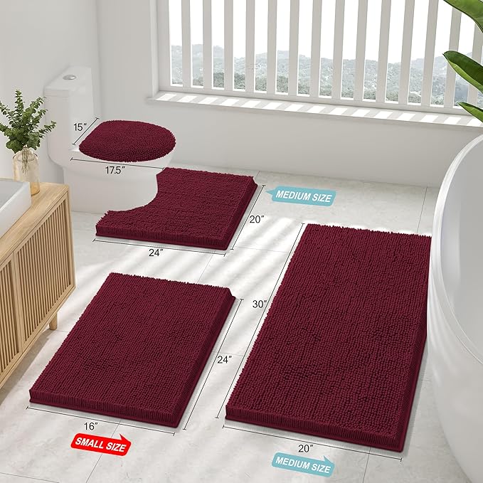 Smiry Luxury Chenille Bathroom Rugs 44x32, Extra Soft and Absorbent Shaggy Bath Mat, Machine Washable, Non-Slip Plush Carpet Runner for Tub, Shower, and Floor, Home Decor Accessories, Burgundy