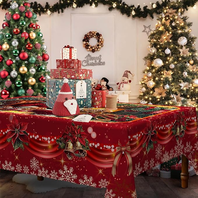 Eikione Retangular Tablecloth 140x180inch, Christmas Tablecloth Waterproof and Wrinkle-Free, Table Covers, Winter Decorations for Home Dining Red Floral