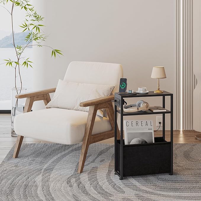 Black Side Table with Charging Station, Slim End Tables with Fabric Basket, Skinny Table for Small Spaces, Thin Bedside Table for Living Room, Bedroom