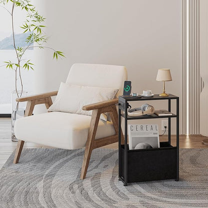 Black Side Table with Charging Station, Slim End Tables with Fabric Basket, Skinny Table for Small Spaces, Thin Bedside Table for Living Room, Bedroom