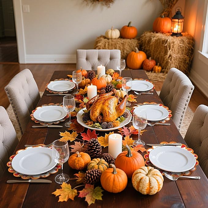 100 Pcs Thanksgiving Fall Paper Placemats Disposable Scalloped Fall Football Paper Placemats Autumn Football Maple Leaf Placemat Harvest Table Mats for Autumn Party Home Kitchen Dining Table Decor