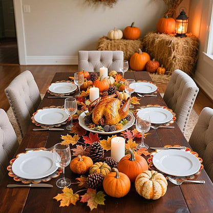 100 Pcs Thanksgiving Fall Paper Placemats Disposable Scalloped Fall Football Paper Placemats Autumn Football Maple Leaf Placemat Harvest Table Mats for Autumn Party Home Kitchen Dining Table Decor