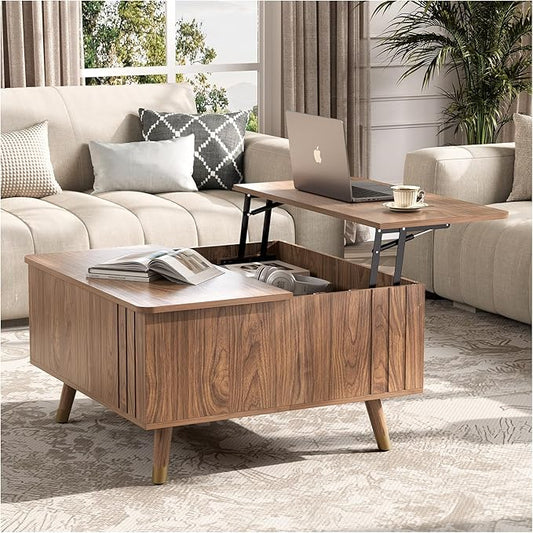 32" Square Lift Top Coffee Table with Storage,Mid Century Modern Walnut Center Table with Rising Desktop for Living Room, Brown Wood Finish