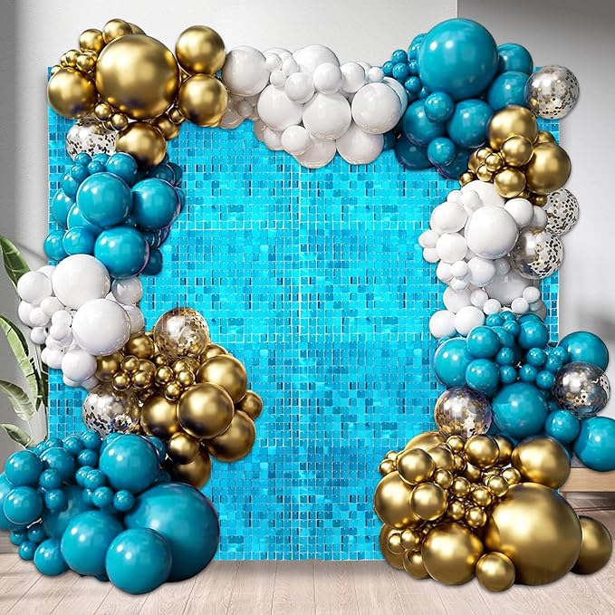 48 PCS Lake Blue Shimmer Wall Backdrop, Square Sequin Photo Backdrops Panel, Glitter Wall Background for Birthdays, Weddings, Halloween, Engagements, Disco Bachelorette Party Decoration (6FTx8FT)