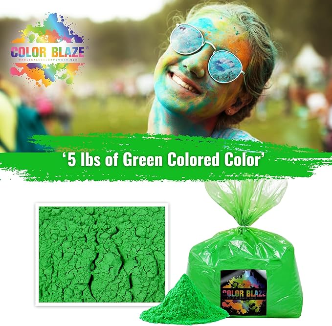 Color Blaze Holi Colored Powder - 5 lbs of Green Powdered Color - for Fun Runs, Color Toss, Rangoli, Powder War, Backyard Party & Festivals - Pack of 1 Colorful Bag - 5 Pounds in Bulk - Green