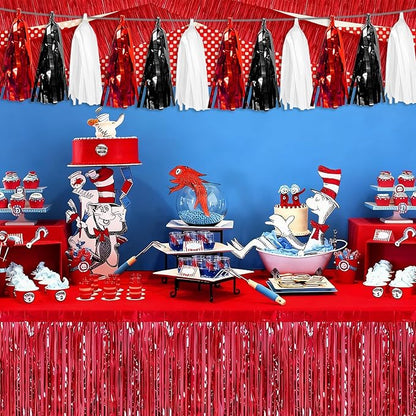 3P Black Red White Tassel Banner Garland Metallic Foil Fringe Banner Tinsel Tassels Streamer Banner Backdrop for Parade Floats Graduation, Halloween, Christmas, Father's Day Party Decorations