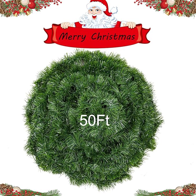 50 Foot Soft Christmas Garland, Non-lit Christmas Garland Ideal for Indoor and Outdoor Decor, Green Tinsel Garland for Holiday Wedding Party Decoration