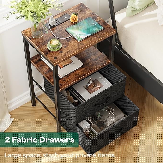 Huuger Nightstands Set of 2, End Tables with Charging Station, Side Tables with Fabric Drawers, Bedside Tables with USB Ports and Outlets, Night Stands for Bedroom, Rustic Brown and Black