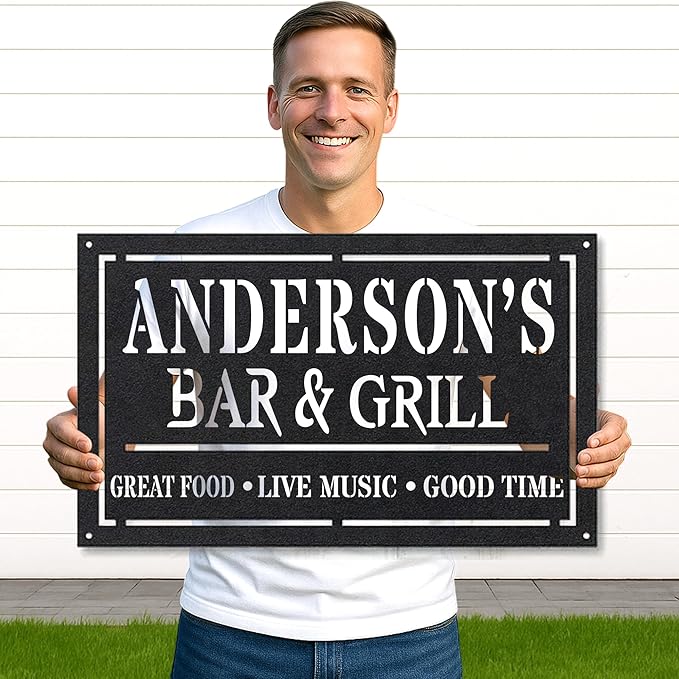 Custom Name BBQ Cut Metal Wall Sign, Personalized Outdoor Grill Decor for Patio, Backyard, Rustic Barbecue Gift
