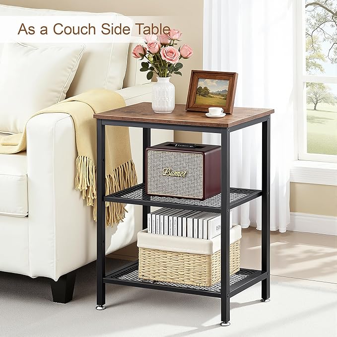 VECELO Tall End Side Tables,30" Height Nightstand with 3-Tier Storage Shelf for Bedroom Living Room, Easy Assembly,Industrial Style, Brown