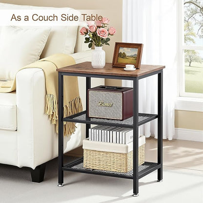 VECELO Tall End Side Tables,30" Height Nightstand with 3-Tier Storage Shelf for Bedroom Living Room, Easy Assembly,Industrial Style, Brown
