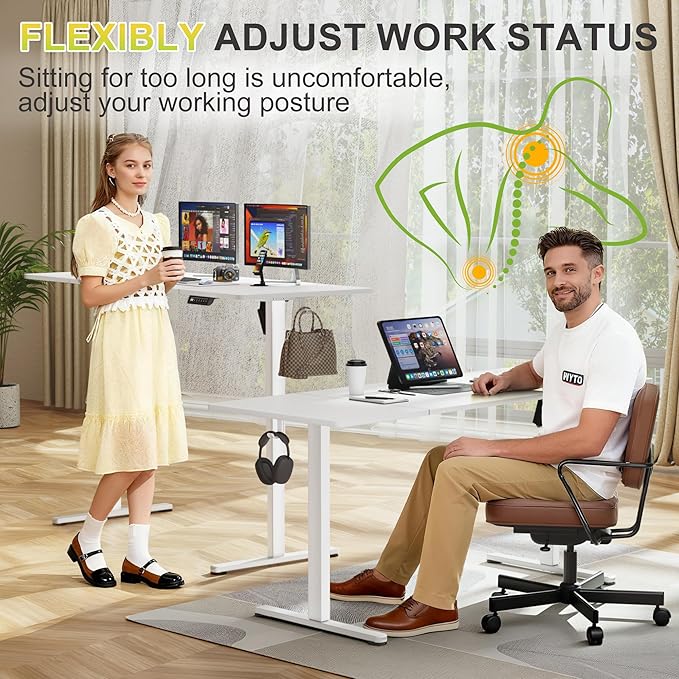 Furmax Electric Standing Desk, 63 x 24 Inches Sit Stand up Desk, Sit Stand Height Adjustable Home Office Desk with 4 Height Position Memory - with Splice Board (White, 63)