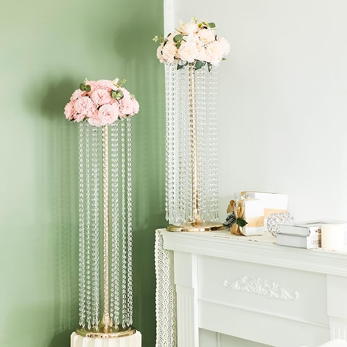 2Pcs 27.5inch Tall Crystal Gold Vases Wedding Flowers Stand, Elegant Wedding Decor Centerpiece Road Leads with Chandelier Acrylic Crystal Weddings Decoration Centerpiece Stands