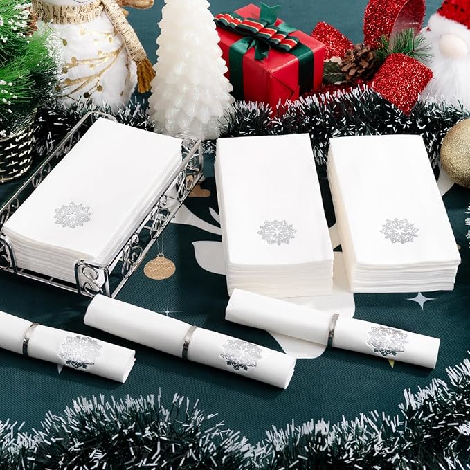 50 Pack Christmas Snowflake Paper Napkins - Cloth-like Christmas Disposable Hand Towels, Silver Premium Quality Xmas Dinner Napkin for Home Kitchen Table Bathroom Holiday Decor